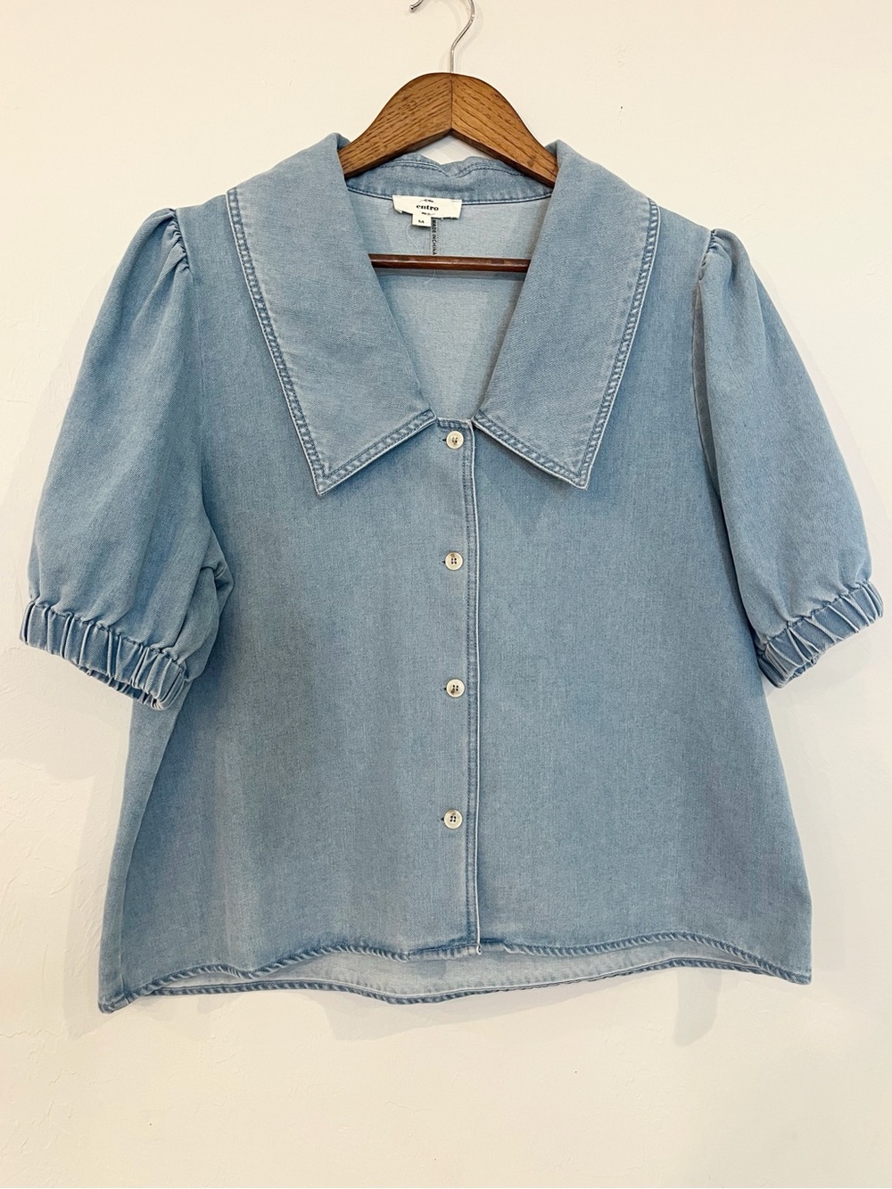 100% Cotton Light Blue Denim Button-Down Top with Puff Sleeves by Entro
